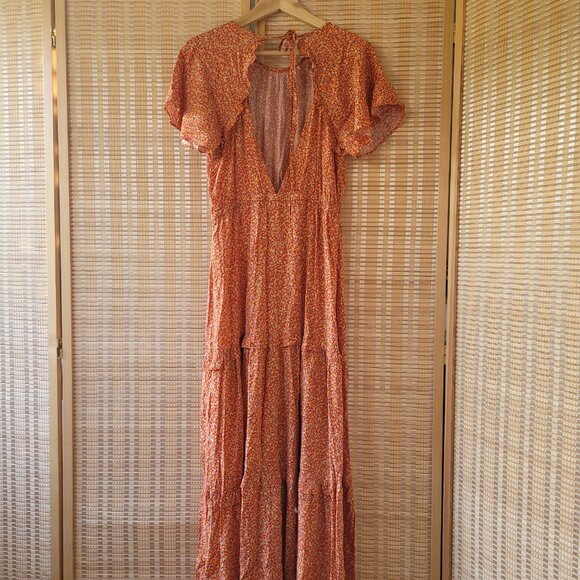 DEE ELLY Tiered Midi Orange Floral Spring and Summer Dress - Picture 3 of 6